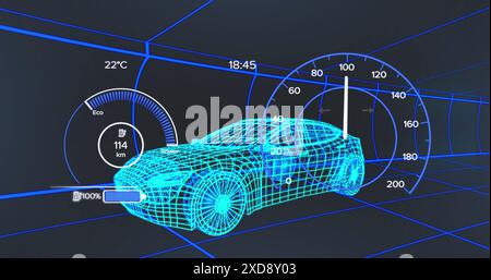 Image of car interface over digital car on black background Stock Photo