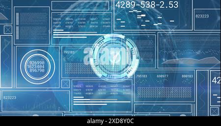 Image of neon ticking clock and interface with data processing against globe on blue background Stock Photo