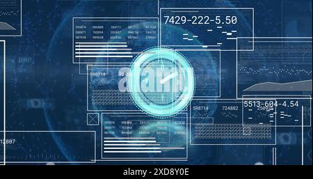 Image neon ticking clock and interfaces with data processing over globe on blue background Stock Photo