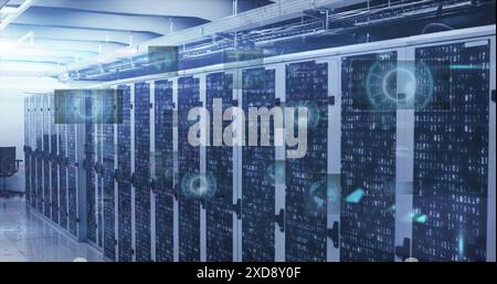 Image of round scanners and mathematical equations against mosaic squares over server room Stock Photo