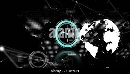 Image of neon ticking clock and network of connections against world map and spinning globe Stock Photo