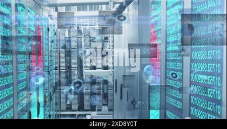 Image of cyber security data processing and mathematical equations against computer server room Stock Photo