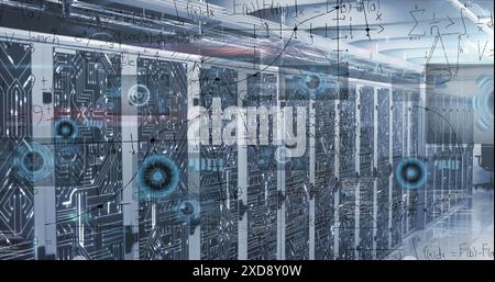 Image of round scanners, mathematical equations and microprocessor connections over server room Stock Photo