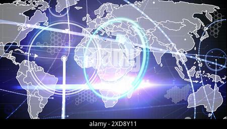 Image of neon round scanner and network of connections against light spot over world map Stock Photo