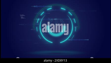Image of neon round scanner and light trails over data processing on blue background Stock Photo