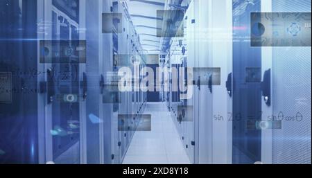 Image of round scanners, data processing and mathematical equations against server room Stock Photo