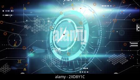 Image of neon ticking clock and round scanner over network of connections and data processing Stock Photo