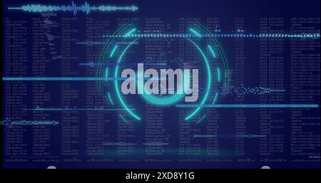 Image of neon round scanner and light trails over data processing on blue background Stock Photo