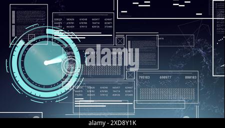 Image of neon ticking clock and arrow icons against interface with data processing Stock Photo