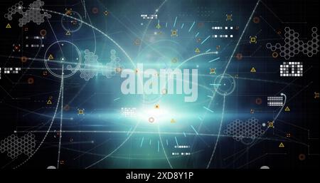 Image of neon ticking clock and round scanner over network of connections and data processing Stock Photo