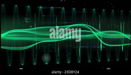 Image of data processing over green digital wave and light spot against black background Stock Photo