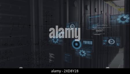 Image of round scanners, data processing and mathematical equations against server room Stock Photo