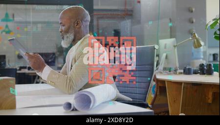Image of qr code and data processing over african american businessman using tablet Stock Photo