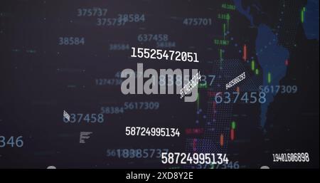 Image of multiple changing numbers and financial data processing against grey background Stock Photo