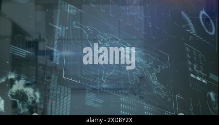 Image of globe, map, loading bars, graphs and computer language over glass window in office Stock Photo