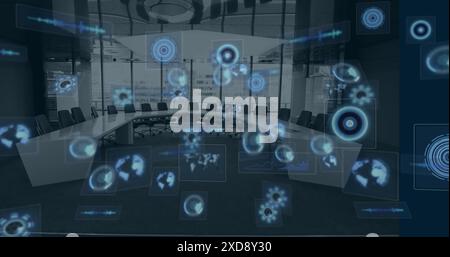 Image of multiple round scanners and data processing against empty office Stock Photo