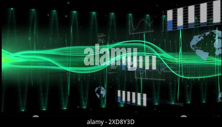 Image of green digital wave and light spot over statistical data processing on black background Stock Photo