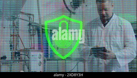 Image of padlock and data processing over caucasian male scientist using tablet Stock Photo