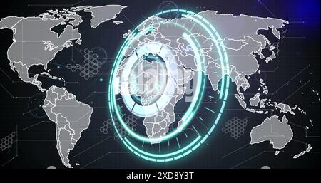 Image of neon round scanner and network of connections against light spot over world map Stock Photo