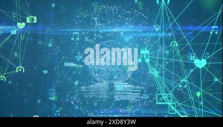 Image of connected icons and dots forming globes against abstract background Stock Photo