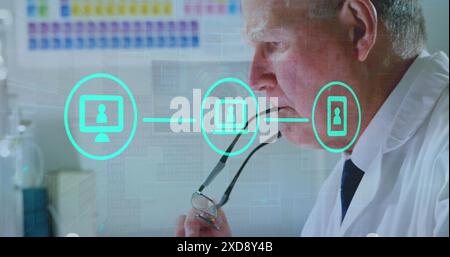 Image of data processing over caucasian male scientist using laptop Stock Photo
