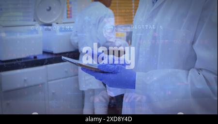 Image of qr code and data processing over biracial female scientist Stock Photo