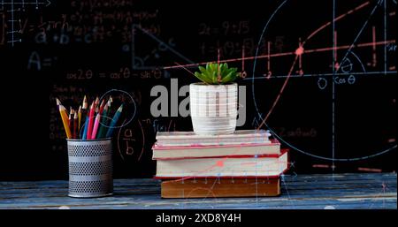 Image of mathematical equations against plant on stack of boons and pen holder on wooden surface Stock Photo