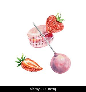 Macaron and strawberries, cake pops, watercolor. Vector. Greeting cards, invitations, menus for cafes, bakeries, confectioneries, posters, banners. Stock Vector