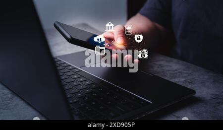 Woman use fingerprint scan for security data protection on smartphone. New technology big data and business process strategy. Automate operation. Stock Photo