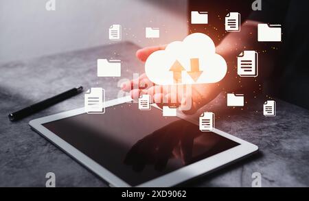 Woman use digital tablet for database storage cloud technology to transfer and sharing files. Big data information for financial online marketing. Stock Photo