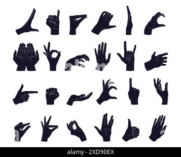 Set of different hand gestures silhouettes. Gesturing like okay sign, thumb up, pointing finger, making heart, holding hands. Vector illustration Stock Vector