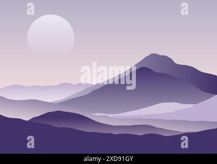 Abstract minimal sunset mountain landscape in shades of purple Stock Vector