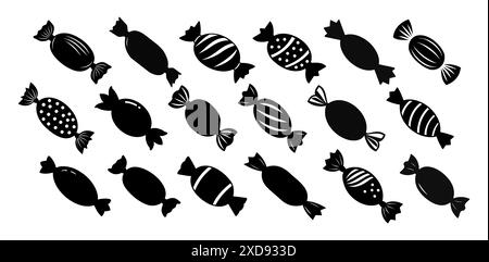 Big set of Black silhouettes of candies wrapped in packaging. Isolated on white background. Sweet treat icons in a minimalist style. Concept of confec Stock Vector