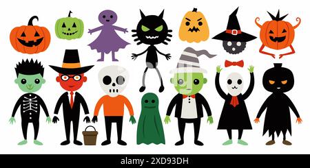 Halloween characters costume collection illustration on a white background. Concept of spooky designs holiday icons cartoon style. Print, graphic elem Stock Vector