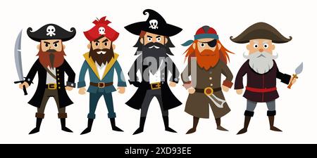 Cartoon pirates group illustration isolated on a white background Concept of nautical adventure, waterfront rogues, whimsical characters, children's d Stock Vector