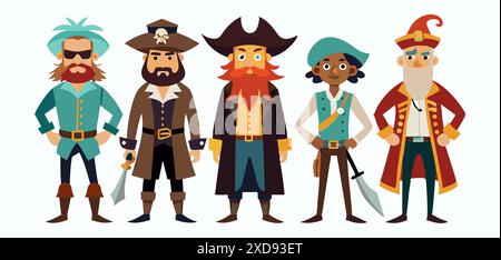 Cartoon pirates group illustration isolated on a white background Concept of nautical adventure, waterfront rogues, whimsical characters, children's d Stock Vector