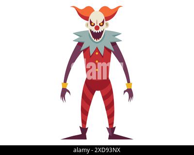 Colorful cartoon evil clown with a creepy grin isolated on a white background Concept of Halloween, circus performer, horror, spooky character. Print, Stock Vector