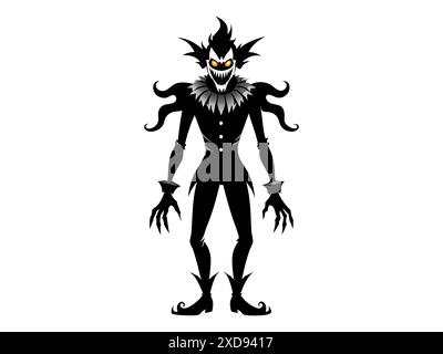 Black silhouette of evil clown with a creepy grin isolated on a white background. Concept of Halloween, circus performer, horror, spooky character. Pr Stock Vector