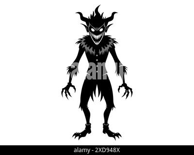 Black silhouette of evil clown with a creepy grin isolated on a white background. Concept of Halloween, circus performer, horror, spooky character. Pr Stock Vector