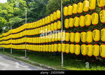 Lanterns hanging in the grounds of Hiroshima Castle Hiroshima Japan Stock Photo
