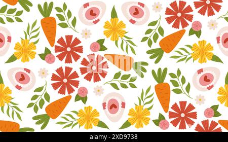 Seamless spring pattern with flowers, carrots, and eggs packaging, and festive decorations Stock Vector