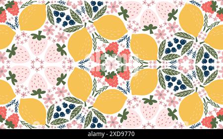 Cheerful seamless pattern featuring illustrations of white strawberries, raspberries, lemons, blackberries, pink flowers, and green leaves, arranged i Stock Vector