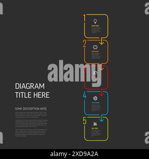 Vertical simple five steps infographic schema template made from thick frame rounded squares with icons and sample texts and big numbers on the side o Stock Vector