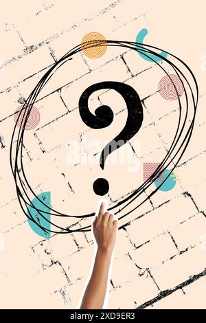 Collage of a hand pointing a question mark on a bricks wall in the background Stock Photo