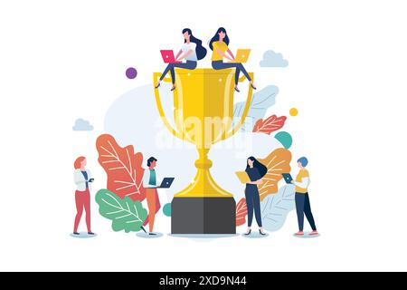People with huge champion cup. Business success concept. Vector illustration Stock Vector