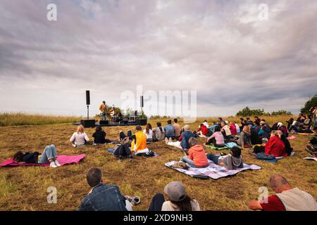 Lost songs jazz duo open air early morning concert. Francesco Bearzatti (saxophone and clarinet) and Federico Casagrande (guitar). Stock Photo