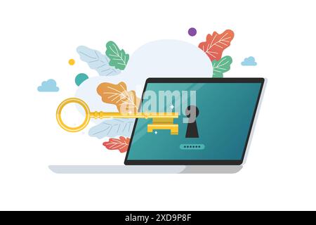 Gold key try to unlock laptop. ransomware malware virus computer. Vector illustration Stock Vector