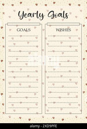Yearly planner worksheet doodle template. Business organizer romantic spring paper sheet. Blank printable goal 2d concept. Scheduling pages for organi Stock Vector