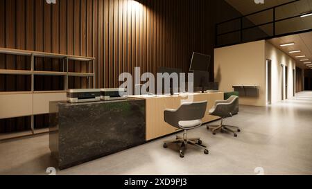 Modern office Reception desk with wooden wall elements Stock Photo