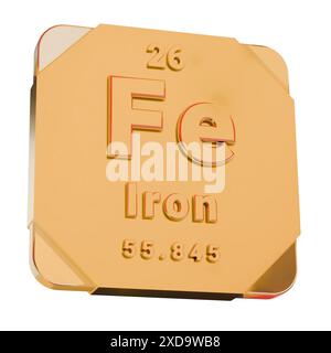 3D Golden Icon - Iron (Fe) Element from Periodic Table Stock Photo